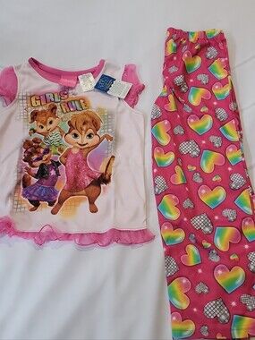 Girls Pink Chipmunk Chipettes Graphic Pajama Set - Rainbow Hearts Sleep Pants